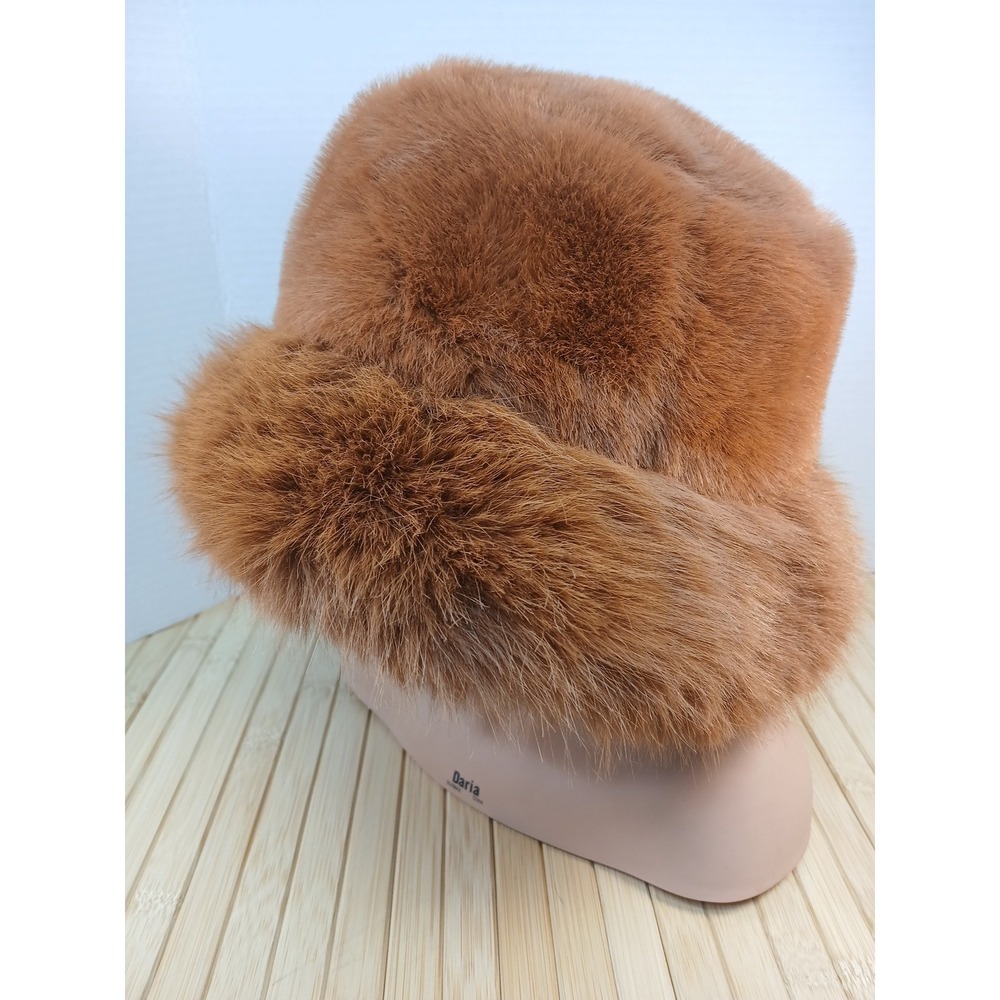 Brown Faux Fur Bucket Hat Adjustable Winter Plush Cloche Cognac One Size